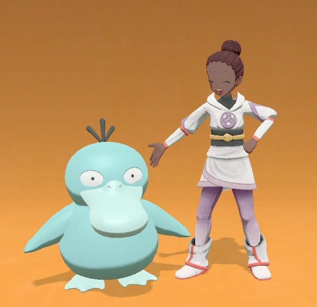 Iyaqua dressed in Pearl Clan Uniform gesturing to Iyaqua, a blue psyduck.